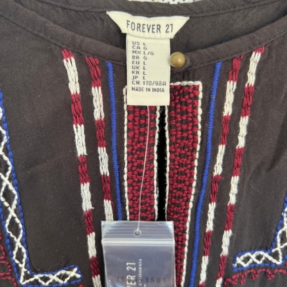 Forever 21 Dress Large Boho Black Flare Embroidered Tribal Ruffle Sleeve Summer - Picture 5 of 7